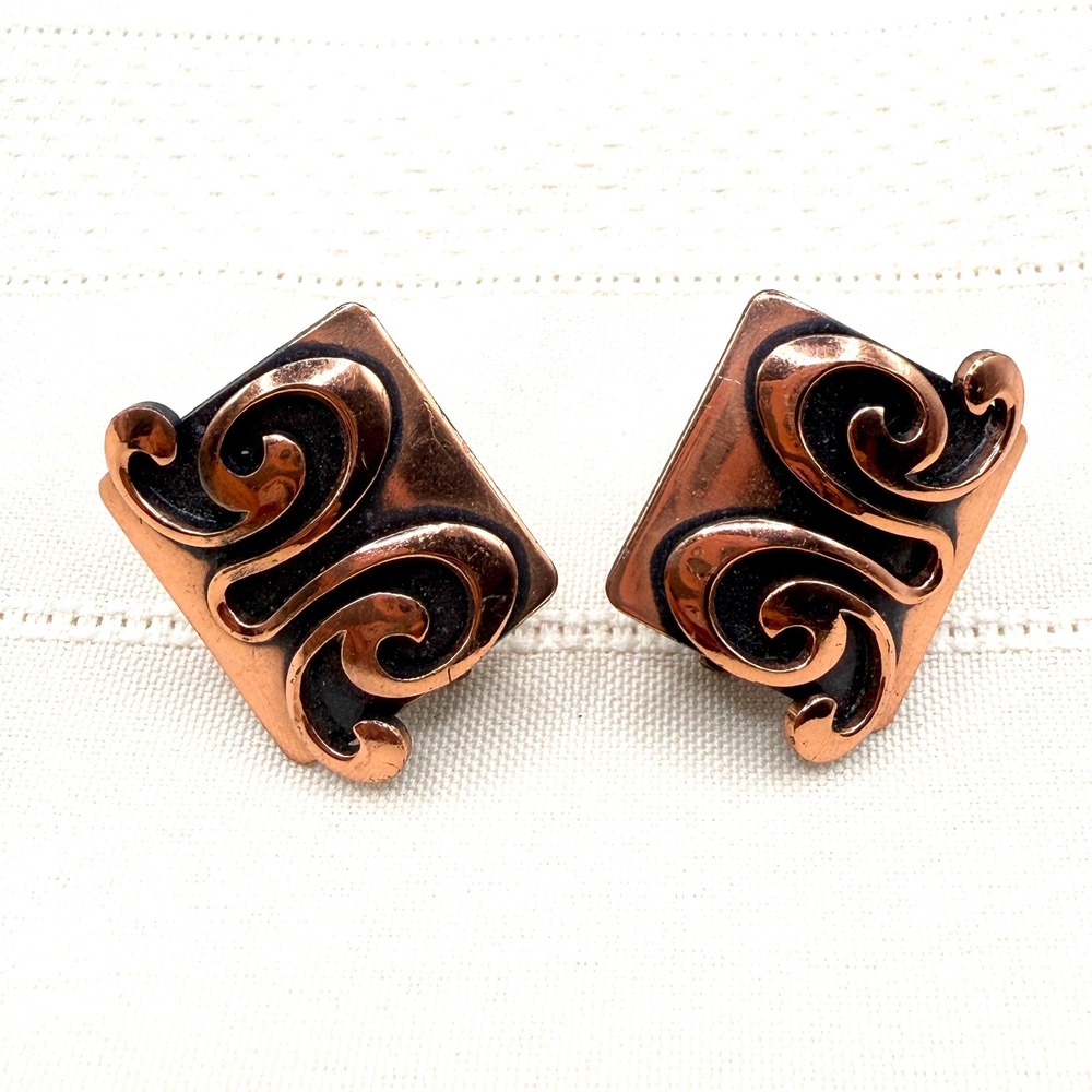 Vintage Retro Mid Century Copper Scroll Rectangle Modernist Clip-On Earrings